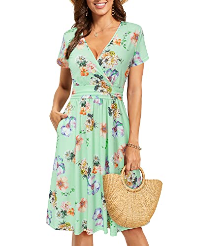 Image of OUGES Casual Summer Dress for Women Wrap V Neck A Line Midi Dresses with Pockets