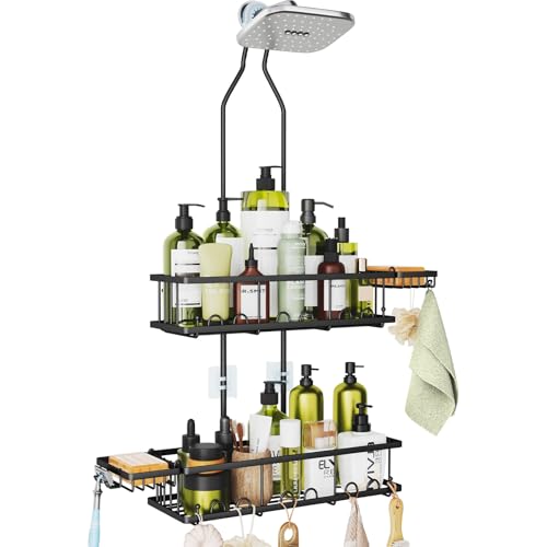 Shower Caddy Hanging: Adjustable Height Organizer for Over Showerhead – Black Rustproof Shower Shelves with Hooks & 2 Soap Holders