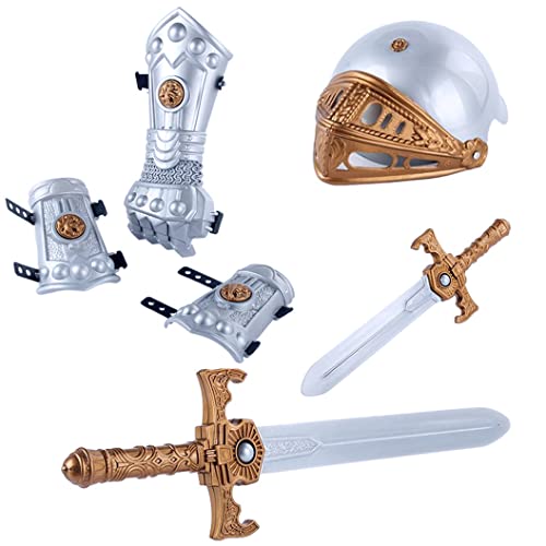 Medieval Knight In Shining Armor, Kids Pretend Role Play Plastic Toy Costume Dress Up Cosplay With Weapons, Shield, Helmet And Accessories Playset #TOP2