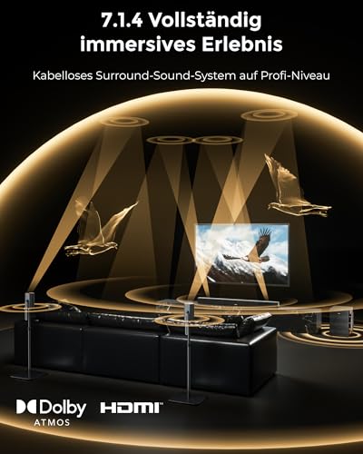 ULTIMEA Skywave X70 7.1.4ch Professionelles Kabelloses Surround Sound System für TV mit Dolby Atmos, 980W Soundbar mit 10\ Kabellosem Subwoofer, 20Hz Tiefer Bass, GaN Verstärker, 4K HDR Pass-Through