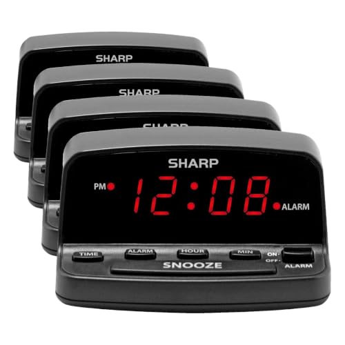 Image of Sharp Digital Alarm Clock with Keyboard Style Controls, Battery Back-up, Easy to Use with Simple Operation, Black Case with Red LED Display (Pack of 4)