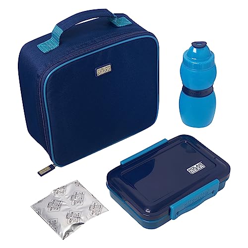 All-in-One Lunch Kit: Insulated Food-Safe Lunch Cool Bag with Internal net Pocket, 500ml Bottle, 550ml Lunch Box with clic-tite Clips, and ice Pack - Ideal for School and outings - Blue