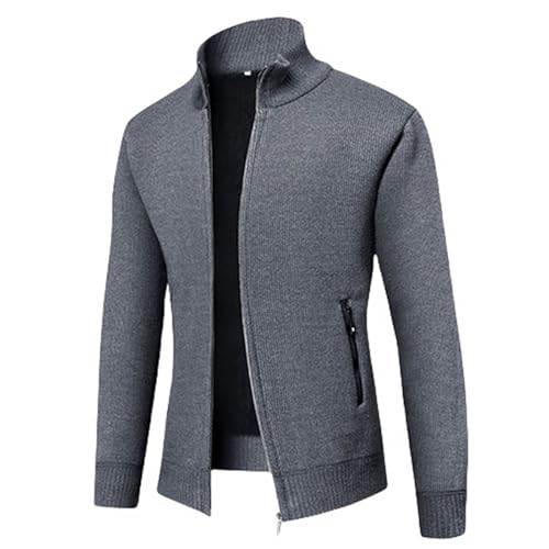Mens Full Zip Slim Fit Thick Knitted Cardigan Sweater Stand Collar with 2 Front Pockets for Casual Occasions