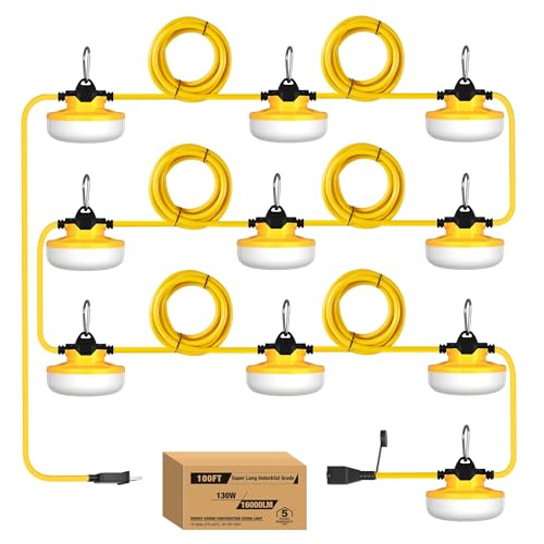 YXL 130W 16000LM Construction String Lights Temp Lighting 100FT Industrial LED Work String Lights IP65 Waterproof Super Bright for Construction Sites Temporary Work Jobsites Outdoor Lighting