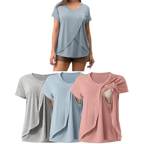 Rnxrbb V Neck Nursing Tops for Breastfeeding Tshirts Summer Postpartum Clothes Sets Short Sleeve 3 Pack Double Layer,Light Gray&Gray Blue&Pink 2XL Cover