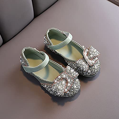 Children Pearl Rhinestones Shining Shoes Kids Solid Color Princess Beach Casual Flat Base Shoes (Green, 26)3