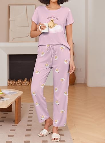Image of Ekouaer Pajama Sets for Women Round Neck Pjs Short Sleeve Sleepwear with Long Pants Loose Lounge Sets Pink Teddy Bear XX-Large