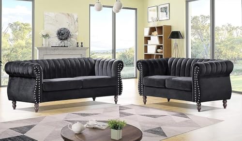 Image of Modern & Classic Chesterfield Sofa 5 Seater Sofa Velvet L-Shape Corner Sectional Button Tufted Sofa for Living Room, Dining Room, Office and Hallway-(Black).