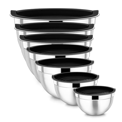 Homikit Rührschüssel Set, Edelstahl Schüssel 7er set, Salatschüssel mit Luftdichtem Deckel zum Kochen/Backen/Servieren, Stapelbar & Spülmaschinenfest, 6,5/4,5/2,7/2,5/1,5/1,2/0.7L, Schwarz