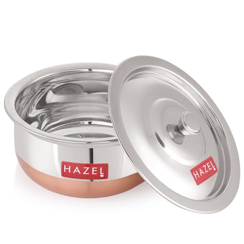 Image of HAZEL Copper Bottom Handi Medium 1200 ml with Lid | Stainless Steel Cookware Handi for Kitchen | Copper Bottom Vessel for Cooking | Steel Utensil for Cooking & Serving
