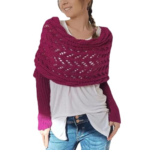 Multifunctional Scarf with Sleeves for Women, Knitted Cable Wrap Shawl Shrugs for Women Sweater Scarf with Sleeves Rose Red