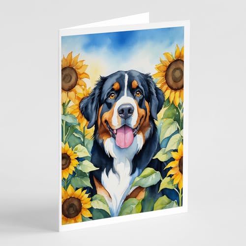 Caroline's Treasures Bernese Mountain Dog in Sunflowers Greeting Cards Pack of 8 Blank Cards with Envelopes Whimsical A7 Size 5x7 Blank Note Cards