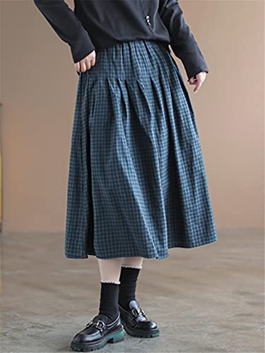 Robe en coton et lin superieur coupe retro a carreaux taille haute bleue 48
