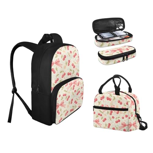 Kids 3 in 1 Backpack Set with Lunch Box and Pencil Box Lightweight Preschool Pastel Cherry Bow Backpack for Boys Age 3-8, Camping Bags Elementary Student Bookbag2