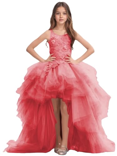 Tulle Flower Girl Dresses High Low Girls Pageant Dress Lace Applique Princess Ball Gowns for Girls