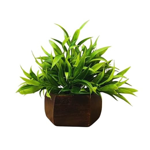 Fancy Mart Plastic & Wood Artificial Bamboo Leaves Plant with Wood Hexagon Pot (20 cm, Green)