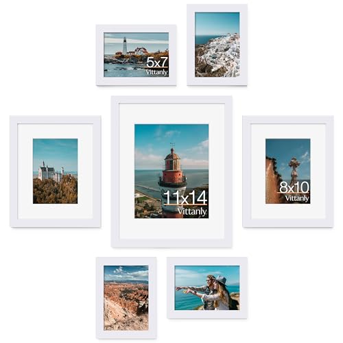 Image of Vittanly Picture Frames set of 7, Picture Frames Collage Wall Decor for Wall or Tabletop Display, Multi Sizes with 1Pcs 11x14, 2Pcs 8x10 and 4Pcs 5x7 Photo Frames, Gallery Wall Frame Set in White