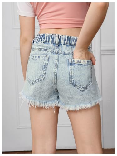 Image of Floerns Girl's Ripped Raw Hem Elastic Waist Straight Leg Denim Shorts with Pockets