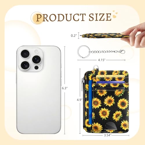 Image of Kelvoris Sunflower Credit Card Holder Small Wallet Women, Flowers Slim RFID | Keychain, Zipper Coin Pocket, Front Pocket Thin Travel Card Case, Minimalist, 6 Card Slots, 1 ID Window, Ladies Gifts Woman