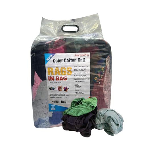 SupremePlus Premium Color Knit Rags - Shop Bulk Cleaning T-Shirt Rag in a Bag, 100 Percent Cotton Low Lint Cloth for Auto, Mechanic, Garage, Paint, Utility, Polishing & Finishing (10 lbs. Bag)