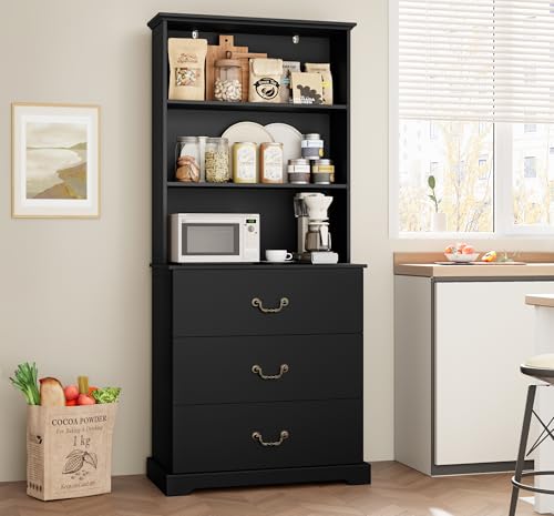 HIFIT 71\" H Black Bookshelf with Drawers, 31.5\" Wide Bookshelves and Bookcases with 3 Extra Large Drawers & 3 Open Deep Shelves, Vintage Tall Storage Cabinet for Home Office, Living Room