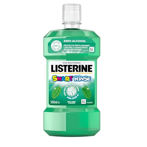 Listerine Smart Rinse Mild Mint Mouthwash (500ml) Kids Alcohol-Free Mouthwash to Reduce Cavities Bad Bacteria and Cleaning Teeth Gums and Tongue Sugar-Free Formula