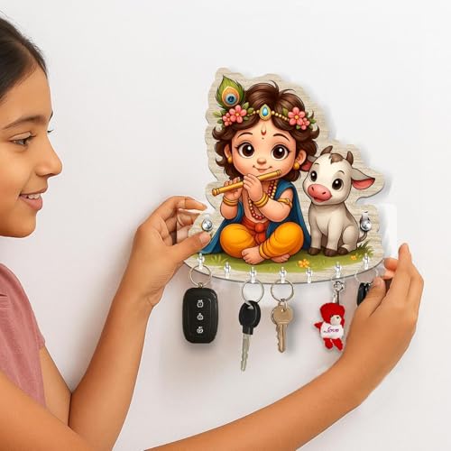 Image of CAPIO ART Bal Krishna Key Holder for Wall | Wooden Key Stand with Hooks | Home Decor Key Organizer for Easy Key Management & Aesthetic Entryway Display