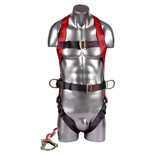 Image of KARAM Full Body Safety Harness (Class P) with Waist Belt for Fall Arrest & Work Positioning with Lanyard & Hook | Construction Harness & Fall Protection | PN17(PN206)(PP)(000 131)(2.0M)