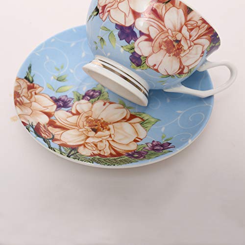 ufengke 7oz Flora Coffee Cup Set,Porcelain Cappuccino Cups with Saucers and Spoon,Set of 6 Ceramic Tea Cup and Saucer Set-Light Blue