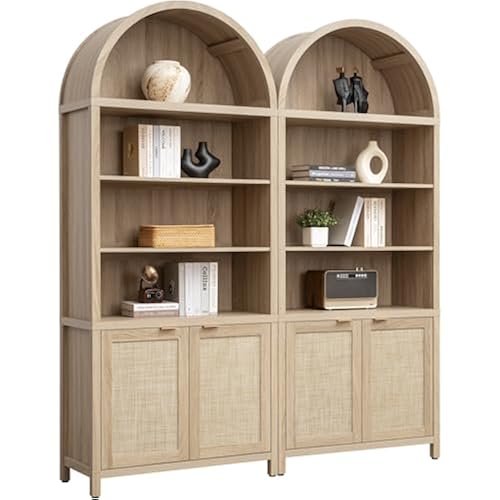 SICOTAS 84.2" Tall Arched Bookcase with Doors - 5 Tier Rattan Bookshelf
