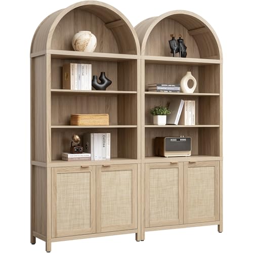 Image of SICOTAS 84.2 inch Tall Arched Bookcase with Doors - 5 Tier Rattan Bookshelf