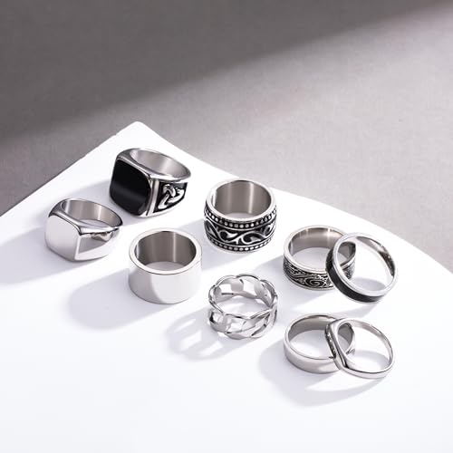 FEYIR 9 Pcs Men's Stainless Steel Vintage Signet Ring Square Pinky Thumb Chunky Thin Band Cuban Link Ring Biker Rings Set for Men by FEYIR - Used condition - Image 5