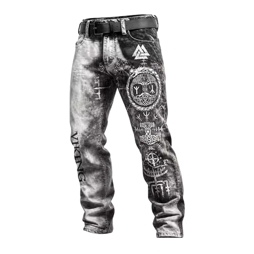 boiszeda Pantalon en Simili-Denim pour Homme à imprimé Loup Viking, Pantalon décontracté à Jambes Droites et Runes Nordiques rétro, Pantalons Streetwear Vintage