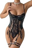 bslingerie Corset en résille en latex PVC transparent plongeant en V profond, Noir transparent, Medium