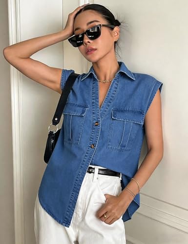 POTILI Women's Sleeveless Denim Shirts, Button Down V Neck Jean Cap Blouse Top Trendy Casual Blue — view 3