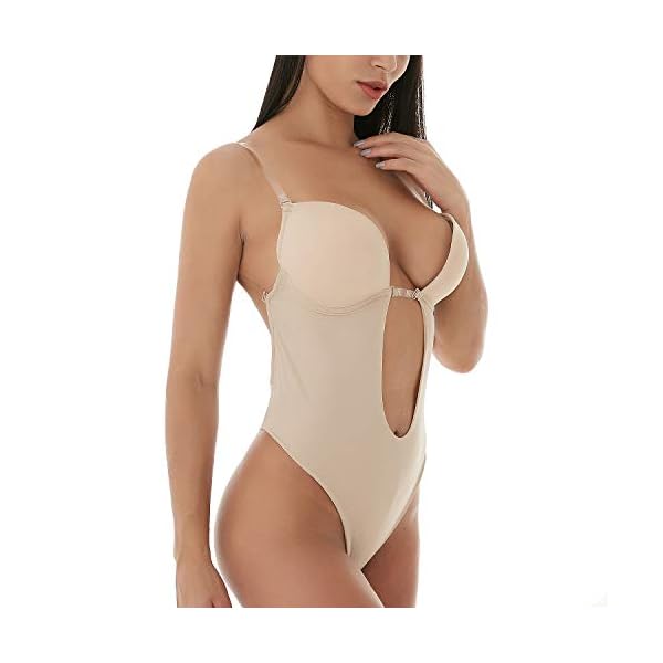 Defitshape-Womens-Backless-Bodysuits-U-Plunge-Seamless-Thong-Full-Bodysuits Defitshape Women's Backless Bodysuits U Built-in Bra Shapewear Low Back Thong Bridal Wedding Undergarments Open Crotch Khaki 34 fit 34C/34D/36A/36B