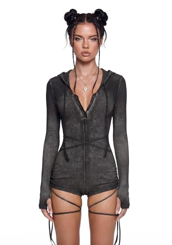 Dolls Kill Crossfade Hooded Romper by DARKER WAVS Ribbed Jersey Button-Up Front and Ruched Sides Black Large