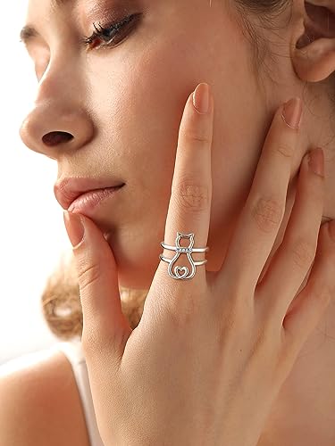SILVERCUTE 925 Sterling Silver Band Rings Cat Rings for Women,Adjustable 925 Silver/18K Gold Plated Band Ring,Cat/Panda Ring2