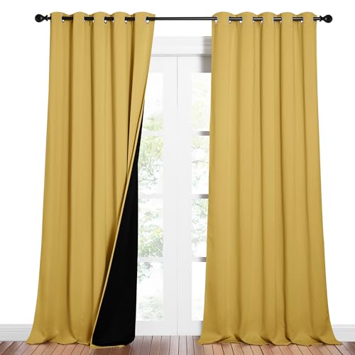 Image of NICETOWN Total Shade Curtains and Draperies, Heavy-Duty Full Light Shading Drapes with Black Liner Backing for Villa /Hall /Dorm Window（Bright Yellow, Package of 2 Panels, 62 inch Wide x 95 inch Long