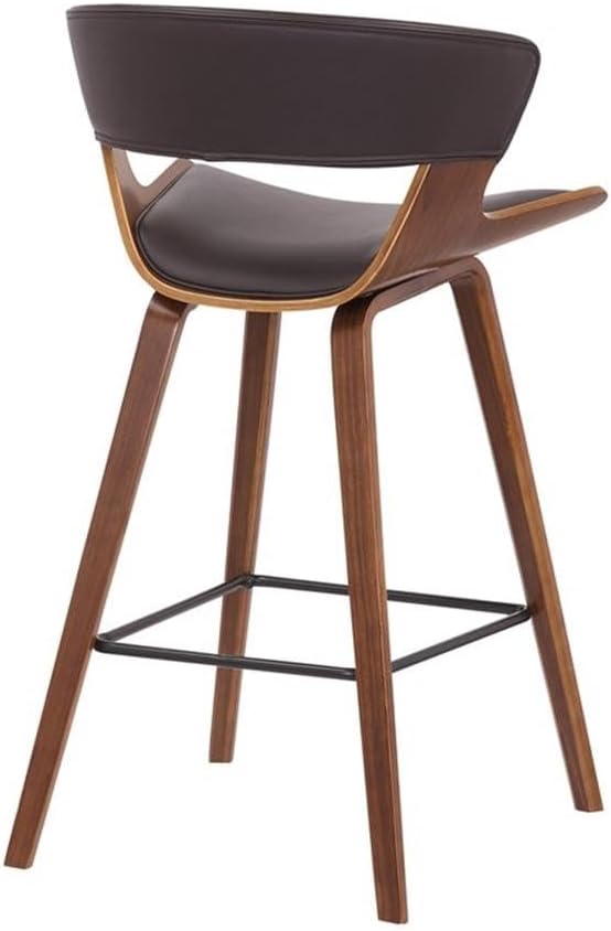 Pemberly Row Contemporary 26" Wood Counter Stool, Faux Leather Upholstery, Walnut Frame, Brown/Gray Finish, Square Footrest, Armless Design, Mid-Century Modern Style for Kitchen or Pub Table