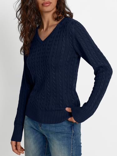 Image of LILLUSORY Women's Cable Knit V Neck Lightweight Soft Pullover Sweaters