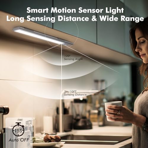 Image of 2 Pack Under Cabinet Lighting, 3 Colors & Dimmable Motion Sensor Light Indoor, 900mAh Rechargeable Under Cabinet Lighting Magnetic for Kitchen, Stairs, Closets, Silver(Aluminum Alloy+ABS +PC)