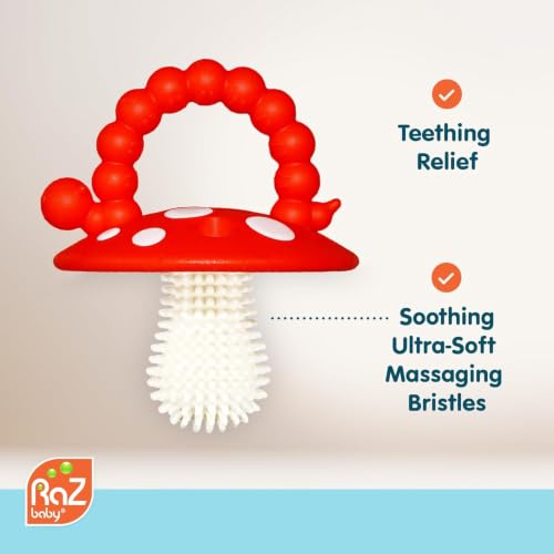 Image of RaZbaby Soft Silicone Infant & Baby 3M+ Teether Toy Massaging Bristles Teething Relief Pacifier - Soothes Sore Gums - Hands-Free & Easy-to-Hold Chompy Teether, BPA Free (Power /Dark Blue)