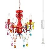 Alighting Plug in Chandeliers, 4-Light Colorful Small Acrylic Crystal Hanging Ceiling Lamp with 20ft Cord, No Hardwire, Colorful Chandeliers for Kids' Bedroom, Playroom, or Party Space