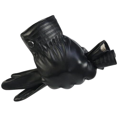 Long Keeper PU Lederhandschuhe Herren Schwarz Winter Veganes Leder Touchscreen Thermo Warme Handschuhe zum Fahren Motorrad Radfahren Laufen