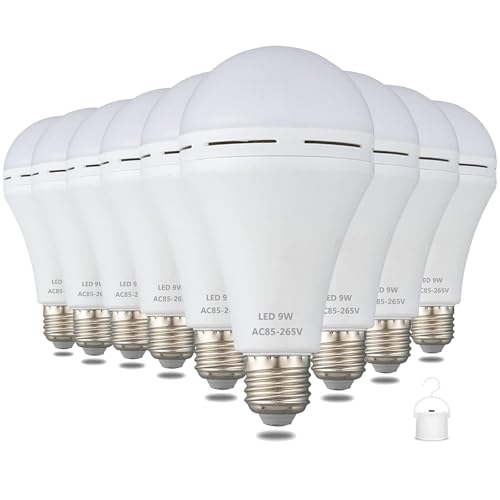 Furoching A19 Rechargeable Emergency LED Bulb, 9W 60W Equivalent Battery Backup Emergency Light with Switch Hook, E26 6000K for Home Power Outage Outdoor Activity Camping Hurricane,9-Pack
