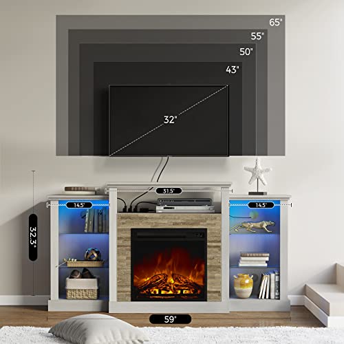 Rolanstar Fireplace Tv Stand With Led Lights And Power Outlets, Tv Console For 32" 43" 50" 55" 65", Entertainment Center With Adjustable Glass Shelves, White #TOP6