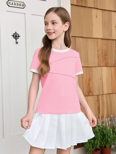 Girls Short Sleeve T Shirts Kids Fashion Pleated Color Block Tops Casual Crewneck Tees 5-14 Years3