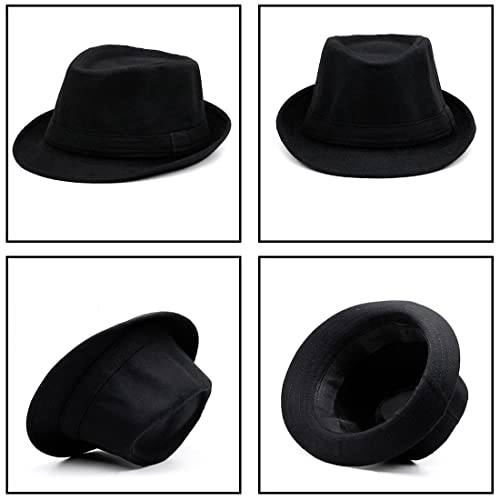 Happyupcity Schwarze Herren Manhattan Strukturierte Gangster Trilby Fedora Hut Jazz Cap Floppy Panama Hut Gentlemans Flat Hat, Schwarz, 60