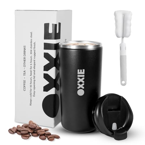 OXXIE Vaso Termo Cafe Para Llevar Pequeño 350ml, Vaso Termico, Aislamiento de Doble Pared, Taza de Cafe de Acero Inoxidable, Vaso Termico con Tapa Hermetica, Reutilizable y Antigoteo (Negro)